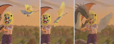 An interesting hallucination. At some point in the movie, the tiger lost its wings. However, the final frame from the storyboard clearly shows a wing! The pipeline worked around this problem by making a bird fly in and morph into the wings!