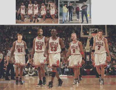 Comically bad output of Flux2 Max. Prompt: _Replace 4 of the bastketball players with the 4 persons from image 2. Preserve the clothes and body poses of the basketball players_