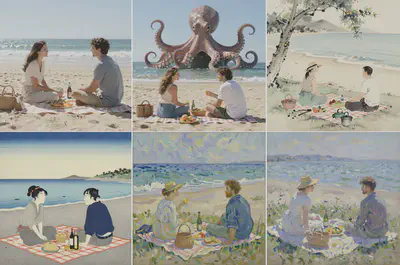 Prompts for Chris's demo: "A couple has picknick on the beach", "...in the background a giant octopus", "...in the style of a chinese inkbrush painting", "...of a Japanese woodprint", "...of van Gogh", "... of Monet" (the giant octopus became somewhat of a running gag in the following)