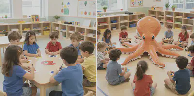 Left: "A montessori class room", right: "...with a giant octopus"