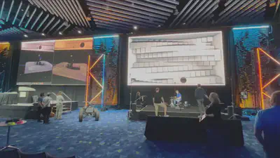 Setup details. On the right: stage with Brett playing; behind him traditional audio-reactive visuals; 2 viewers with AR headsets in front of the stage. Left side: split screen, showing the augmented views of the 2 viewers.