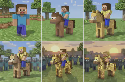 Kate's demo was more sophisticated and showed a complex scene being built step by step by simply appending terms: "A minecraft player",  "...on a horse", "...in a golden armor", "...zombies in the background", "...the sun is rising", "... the zombies start burning"